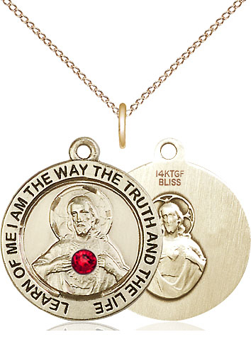 14kt Gold Filled Scapular w/ Ruby Stone Pendant with a 3mm Ruby Swarovski stone on a 18 inch Gold Filled Light Curb chain