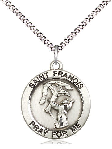 Sterling Silver Saint Francis of Assisi Pendant on a 18 inch Light Rhodium Light Curb chain