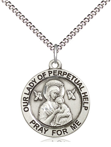 Sterling Silver Our Lady of Perpetual Help Pendant on a 18 inch Light Rhodium Light Curb chain