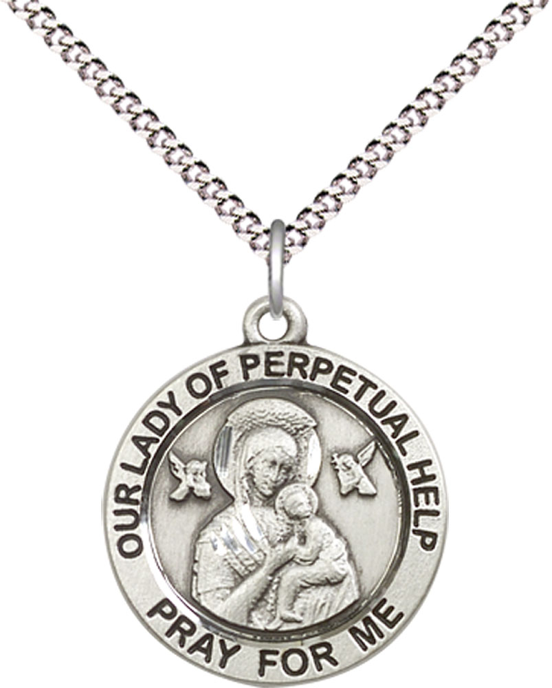Sterling Silver Our Lady of Perpetual Help Pendant on a 18 inch Light Rhodium Light Curb chain
