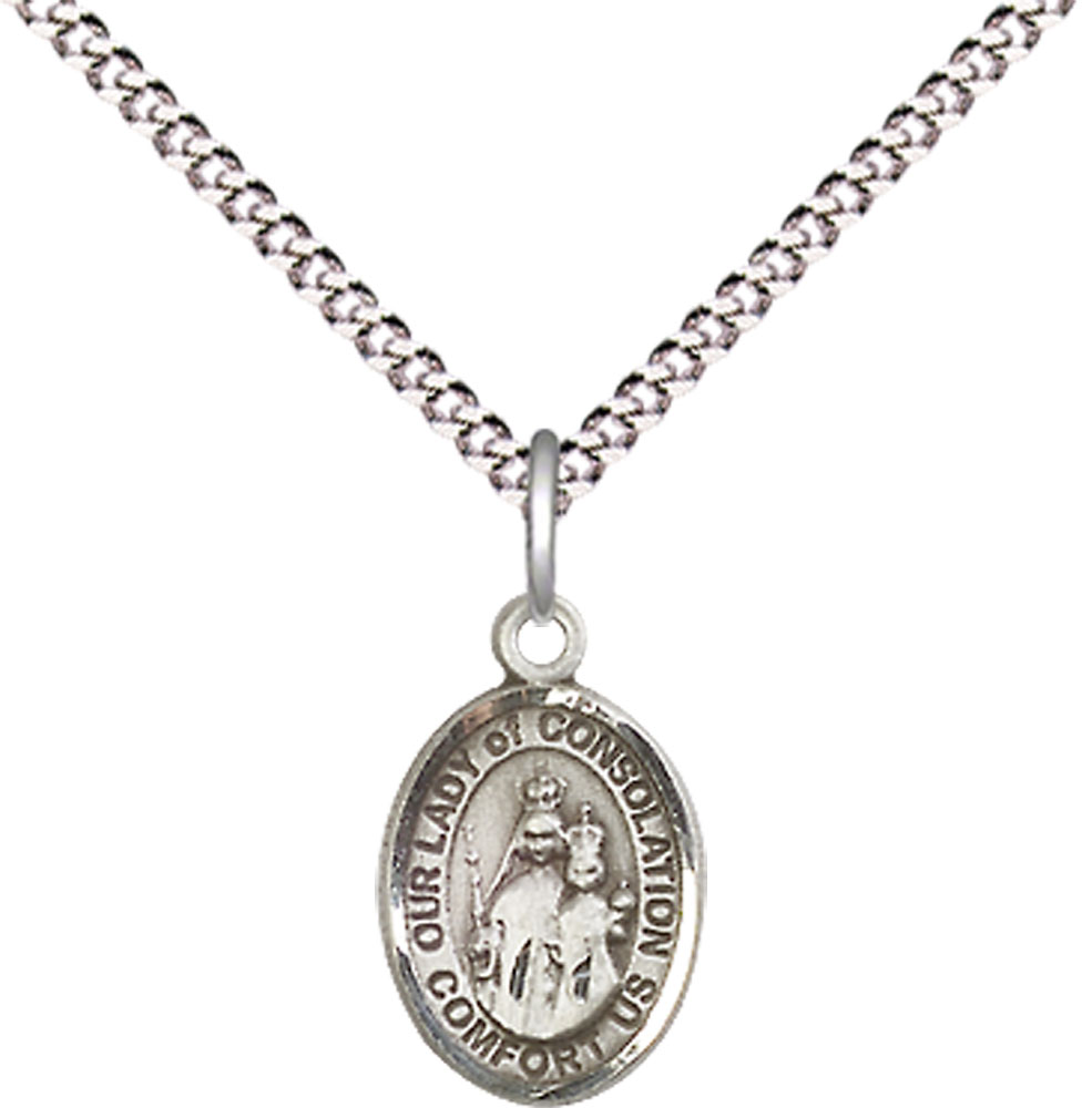 Sterling Silver Our Lady of Consolation Pendant on a 18 inch Light Rhodium Light Curb chain