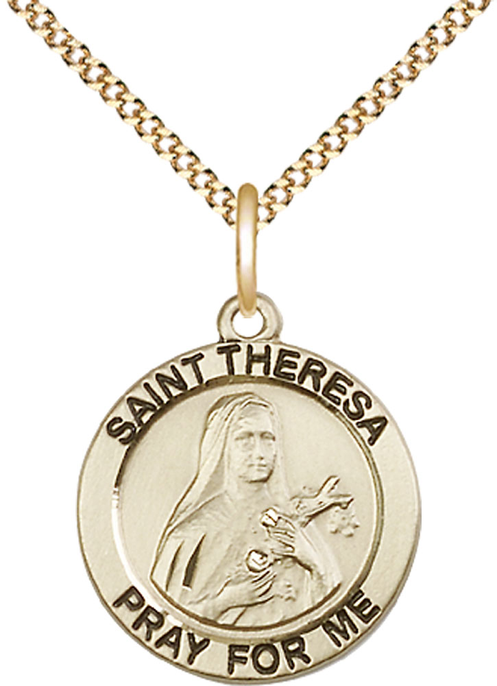 14kt Gold Filled Saint Theresa Pendant on a 18 inch Gold Plate Light Curb chain