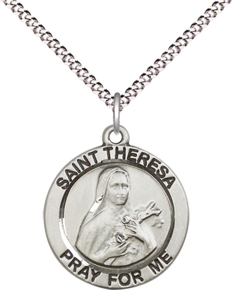 Sterling Silver Saint Theresa Pendant on a 18 inch Light Rhodium Light Curb chain