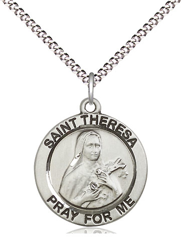 Sterling Silver Saint Theresa Pendant on a 18 inch Light Rhodium Light Curb chain
