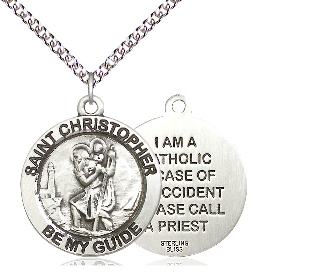 Sterling Silver Saint Christopher Pendant on a 24 inch Sterling Silver Heavy Curb chain