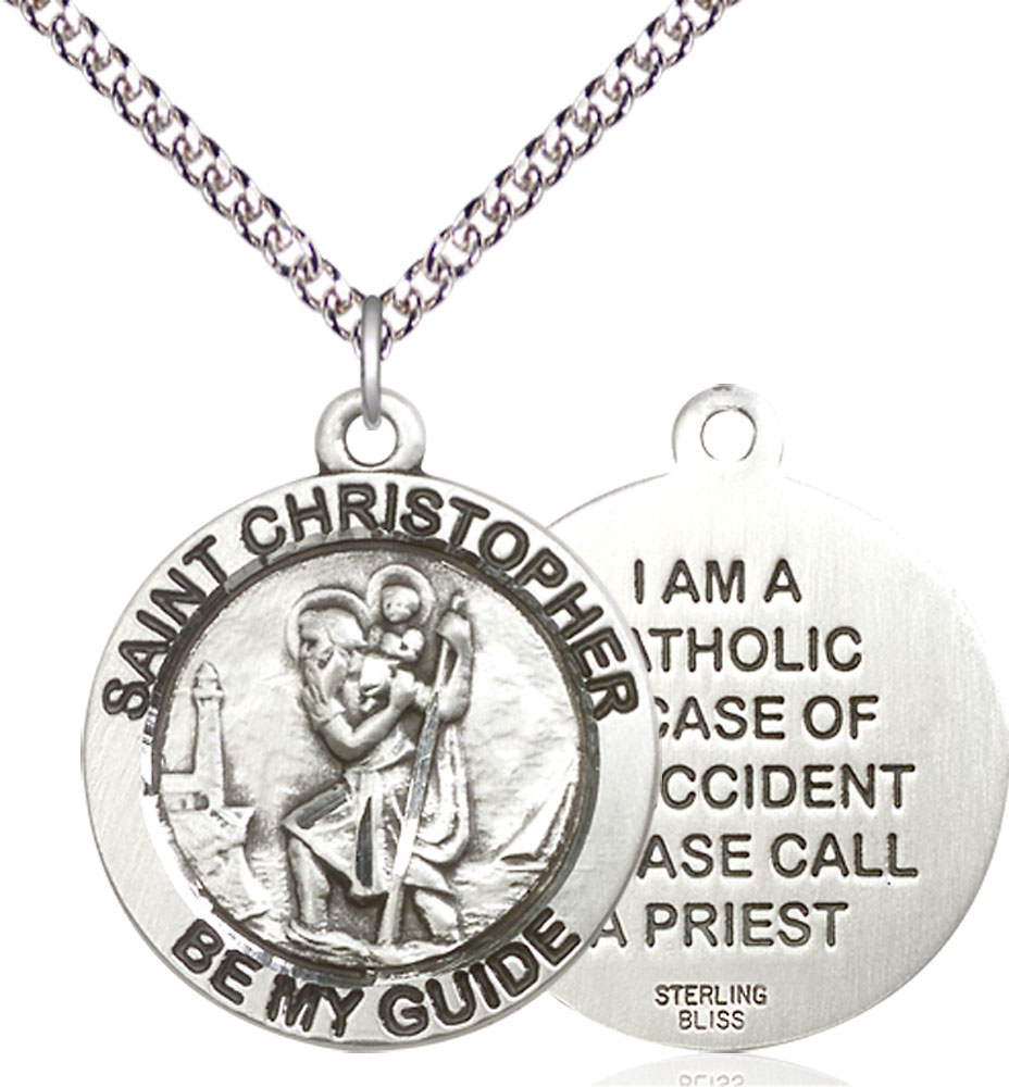 Sterling Silver Saint Christopher Pendant on a 24 inch Sterling Silver Heavy Curb chain