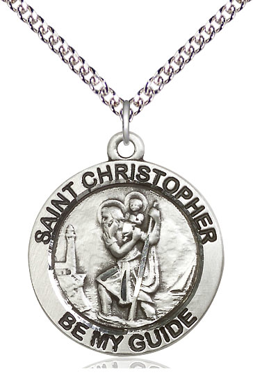 Sterling Silver Saint Christopher Pendant on a 24 inch Sterling Silver Heavy Curb chain