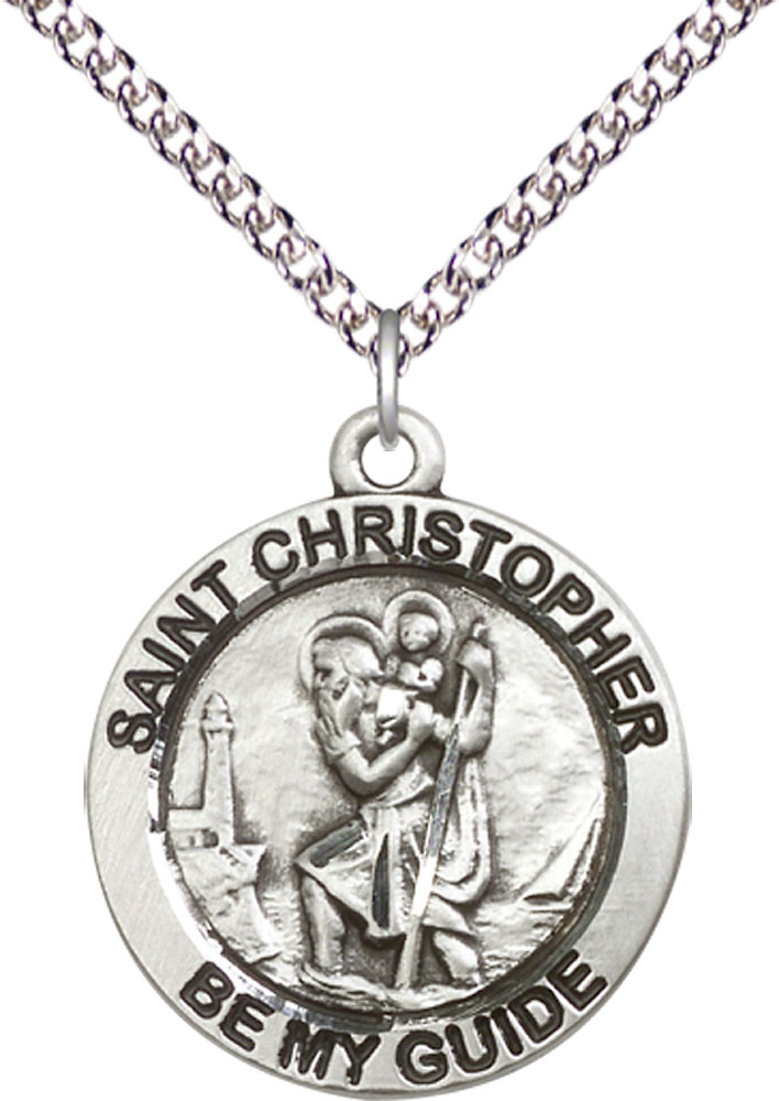 Sterling Silver Saint Christopher Pendant on a 24 inch Sterling Silver Heavy Curb chain