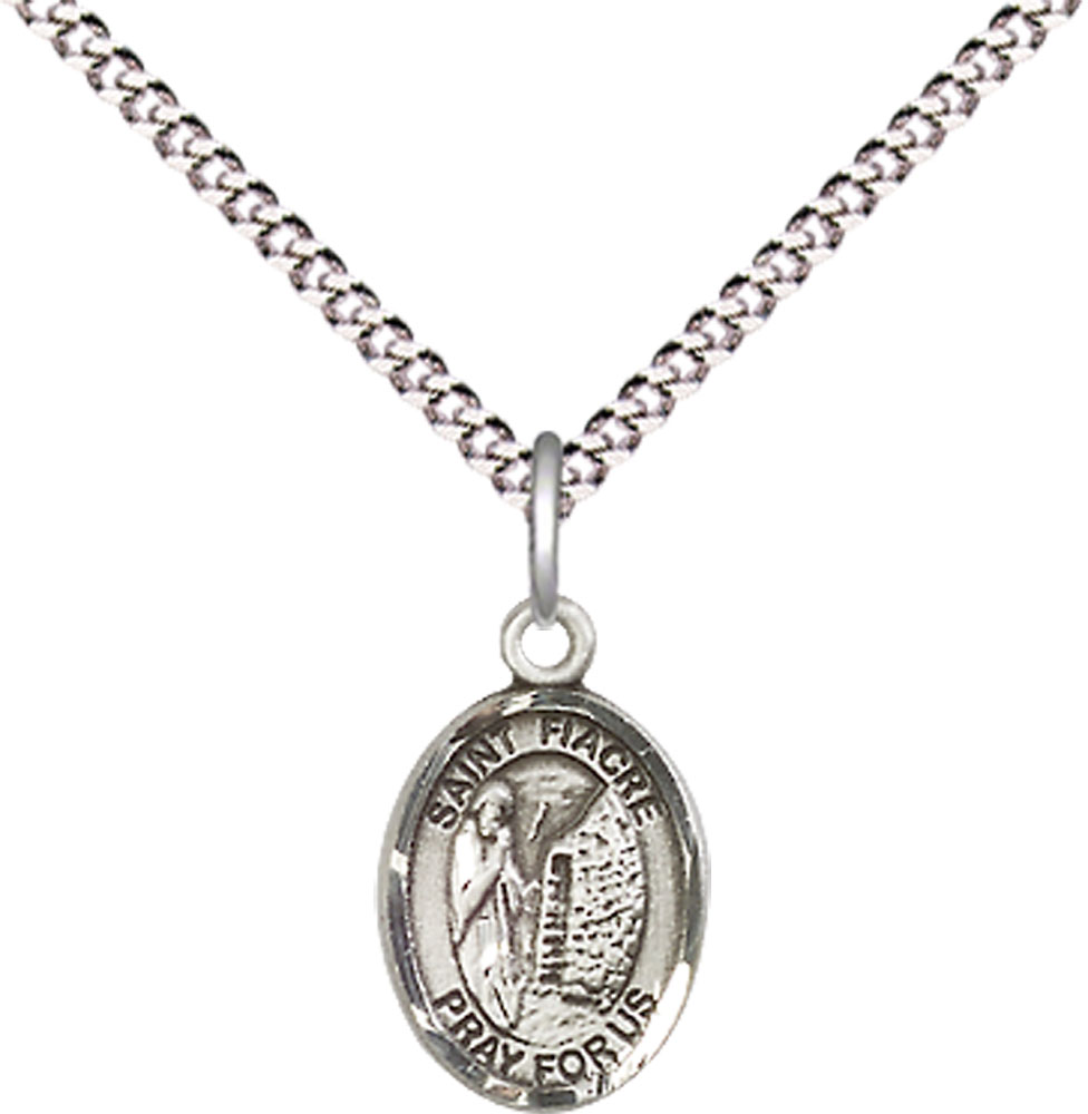 Sterling Silver Saint Fiacre Pendant on a 18 inch Light Rhodium Light Curb chain