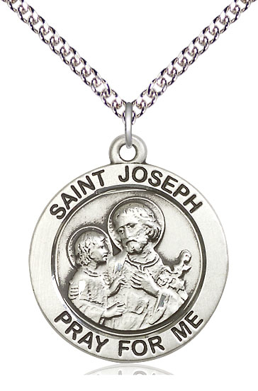 Sterling Silver Saint Joseph Pendant on a 24 inch Sterling Silver Heavy Curb chain