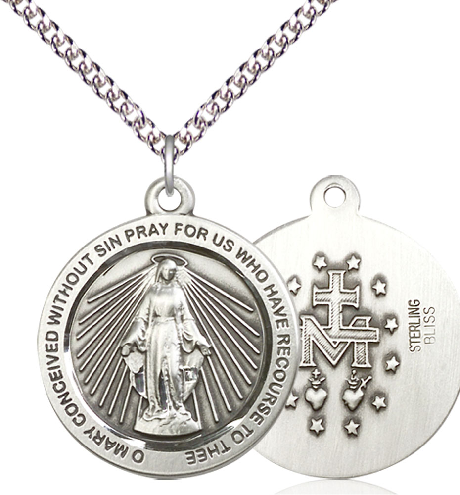 Sterling Silver Miraculous Pendant on a 24 inch Sterling Silver Heavy Curb chain