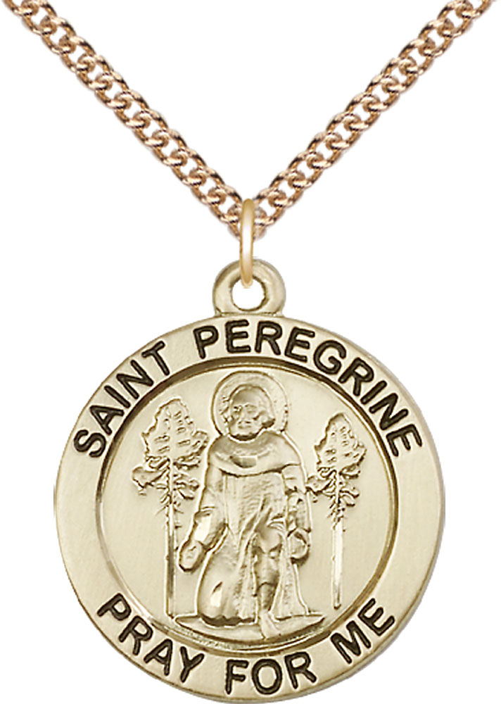 14kt Gold Filled Saint Peregrine Pendant on a 24 inch Gold Filled Heavy Curb chain