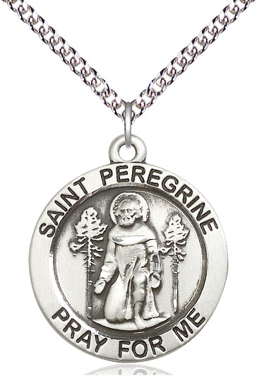 Sterling Silver Saint Peregrine Pendant on a 24 inch Sterling Silver Heavy Curb chain