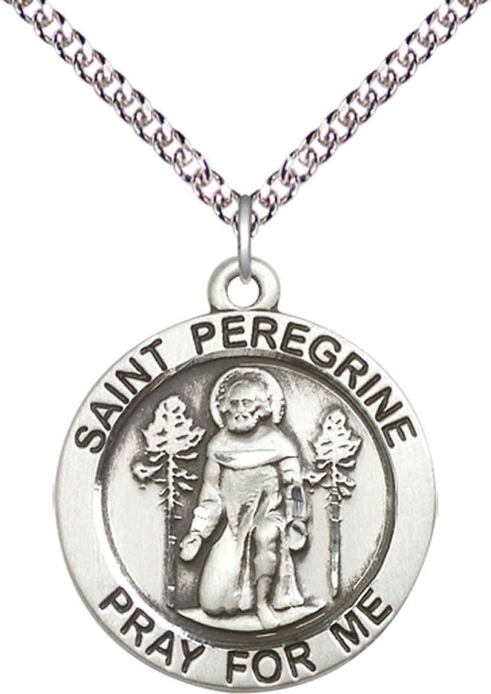 Sterling Silver Saint Peregrine Pendant on a 24 inch Sterling Silver Heavy Curb chain