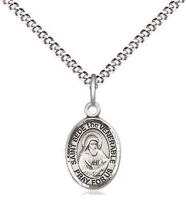 Sterling Silver Saint Bede the Venerable Pendant on a 18 inch Light Rhodium Light Curb chain