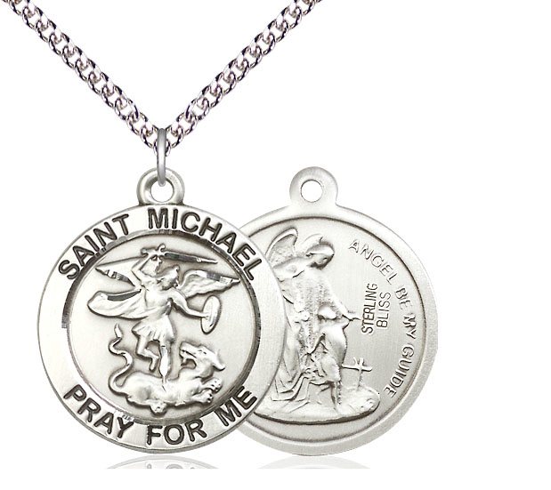 Sterling Silver Saint Michael the Archangel Pendant on a 24 inch Sterling Silver Heavy Curb chain