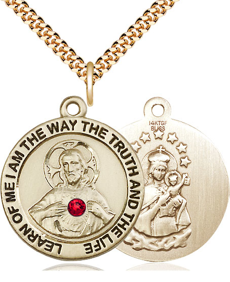 14kt Gold Filled Scapular w/ Ruby Stone Pendant with a 3mm Ruby Swarovski stone on a 24 inch Gold Plate Heavy Curb chain