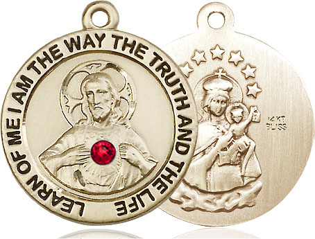 14kt Gold Scapular w/ Ruby Stone Medal with a 3mm Ruby Swarovski stone