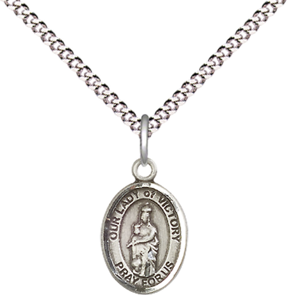 Sterling Silver Our Lady of Victory Pendant on a 18 inch Light Rhodium Light Curb chain