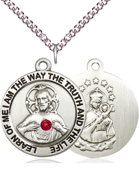 Sterling Silver Scapular w/ Ruby Stone Pendant with a 3mm Ruby Swarovski stone on a 24 inch Sterling Silver Heavy Curb chain