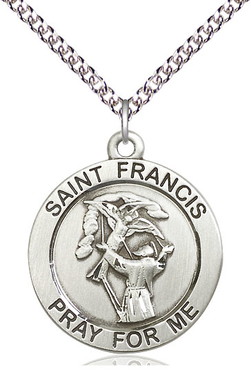 Sterling Silver Saint Francis of Assisi Pendant on a 24 inch Sterling Silver Heavy Curb chain