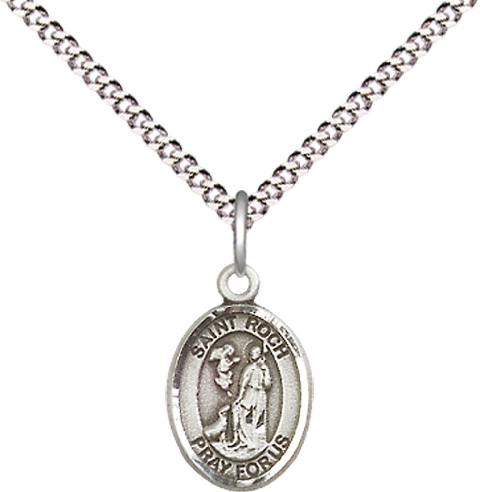 Sterling Silver Saint Roch Pendant on a 18 inch Light Rhodium Light Curb chain