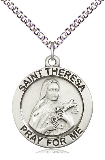 Sterling Silver Saint Theresa Pendant on a 24 inch Sterling Silver Heavy Curb chain