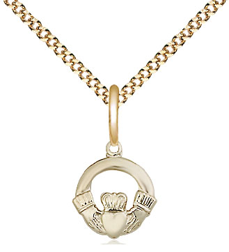 14kt Gold Filled Claddagh Pendant on a 18 inch Gold Plate Light Curb chain