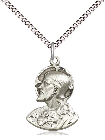 Sterling Silver Head of Christ Pendant on a 18 inch Light Rhodium Light Curb chain