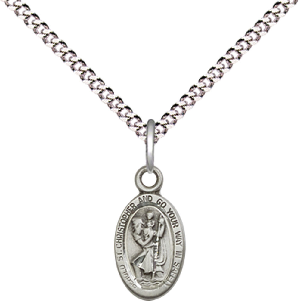 Sterling Silver Saint Christopher Pendant on a 18 inch Light Rhodium Light Curb chain