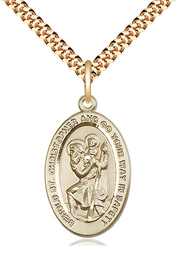 14kt Gold Filled Saint Christopher Pendant on a 24 inch Gold Plate Heavy Curb chain