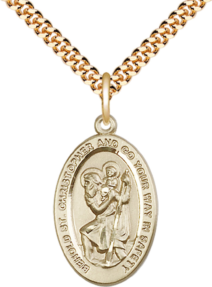 14kt Gold Filled Saint Christopher Pendant on a 24 inch Gold Plate Heavy Curb chain