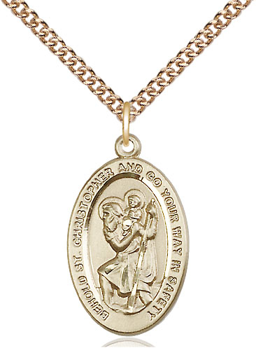 14kt Gold Filled Saint Christopher Pendant on a 24 inch Gold Filled Heavy Curb chain