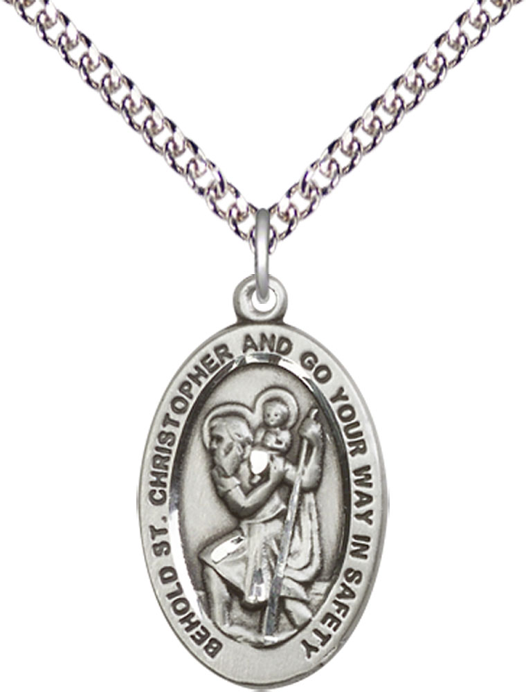 Sterling Silver Saint Christopher Pendant on a 24 inch Sterling Silver Heavy Curb chain