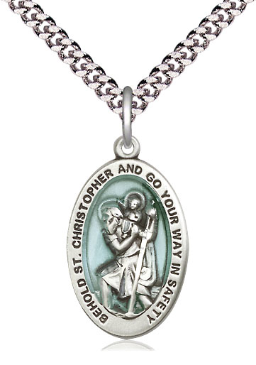 Sterling Silver Saint Christopher Pendant on a 24 inch Light Rhodium Heavy Curb chain