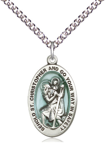 Sterling Silver Saint Christopher Pendant on a 24 inch Sterling Silver Heavy Curb chain