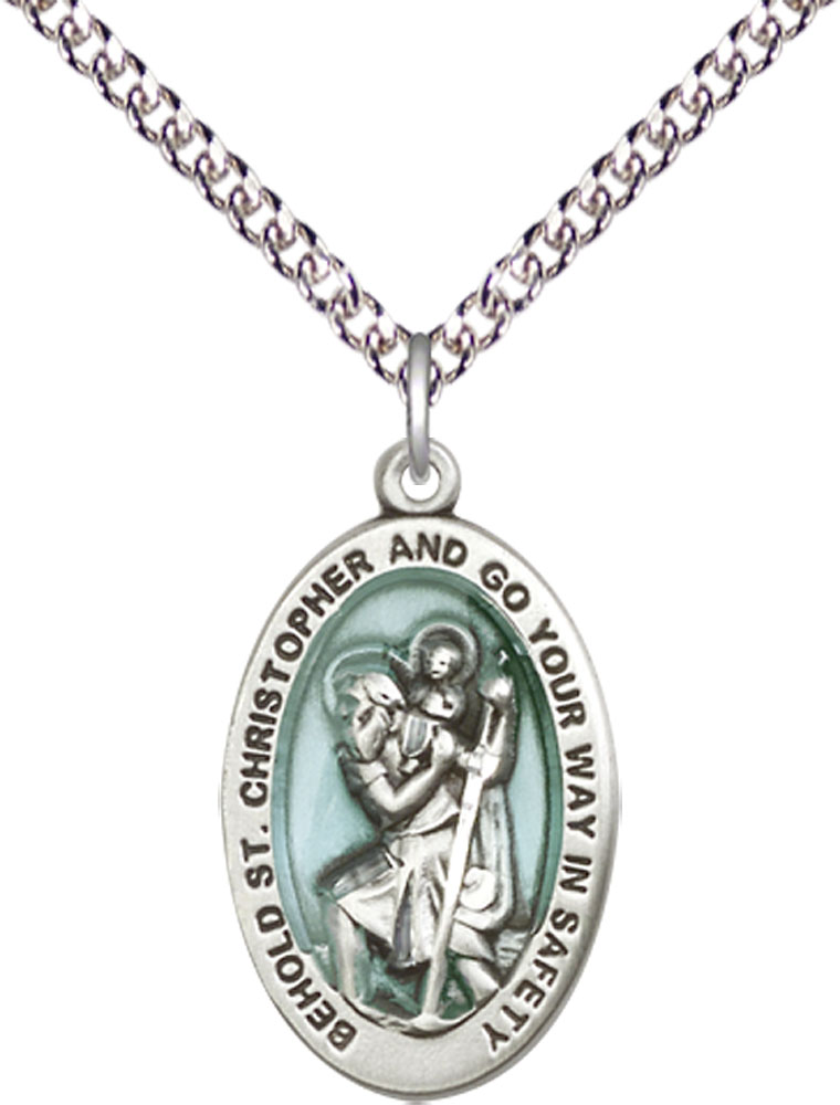 Sterling Silver Saint Christopher Pendant on a 24 inch Sterling Silver Heavy Curb chain