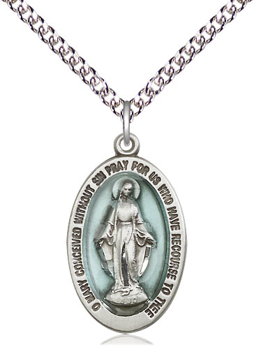 Sterling Silver Miraculous Pendant on a 24 inch Sterling Silver Heavy Curb chain