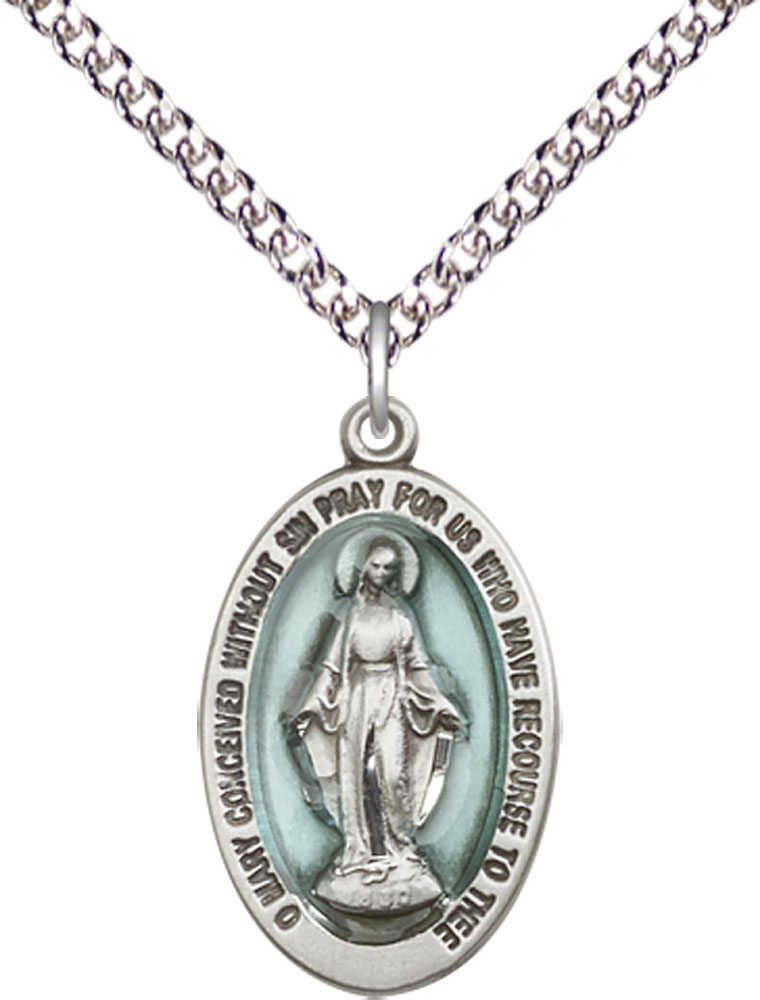 Sterling Silver Miraculous Pendant on a 24 inch Sterling Silver Heavy Curb chain