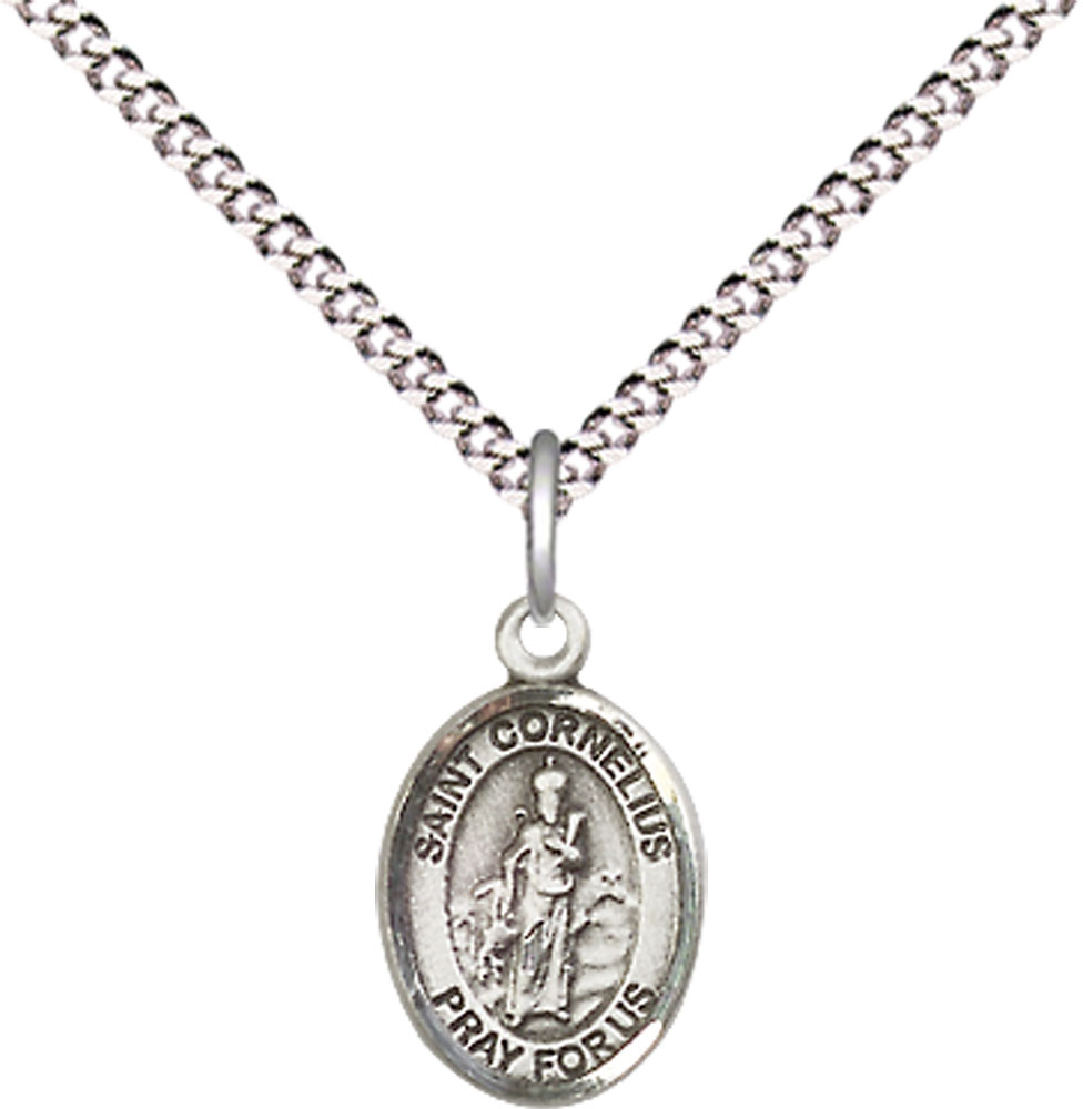 Sterling Silver Saint Cornelius Pendant on a 18 inch Light Rhodium Light Curb chain