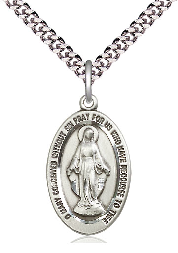 Sterling Silver Miraculous Pendant on a 24 inch Light Rhodium Heavy Curb chain