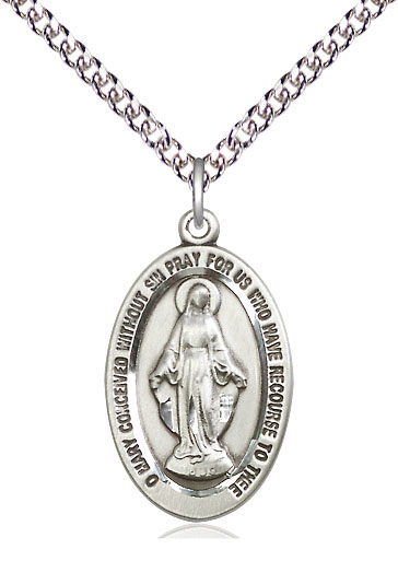 Sterling Silver Miraculous Pendant on a 24 inch Sterling Silver Heavy Curb chain