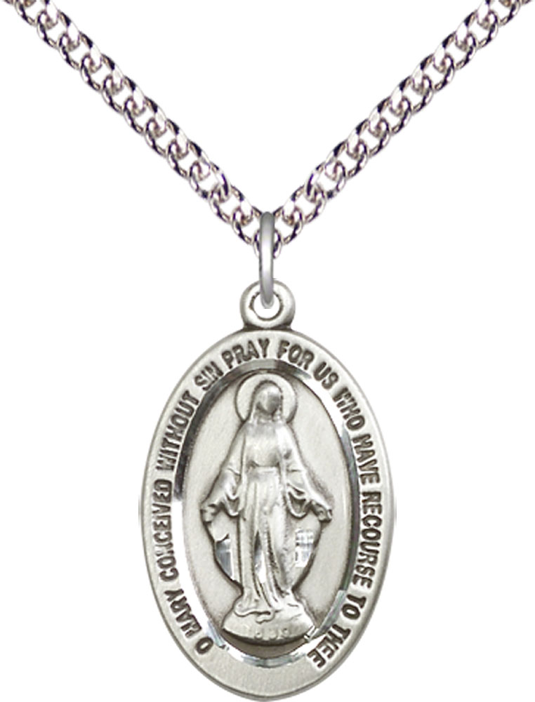 Sterling Silver Miraculous Pendant on a 24 inch Sterling Silver Heavy Curb chain