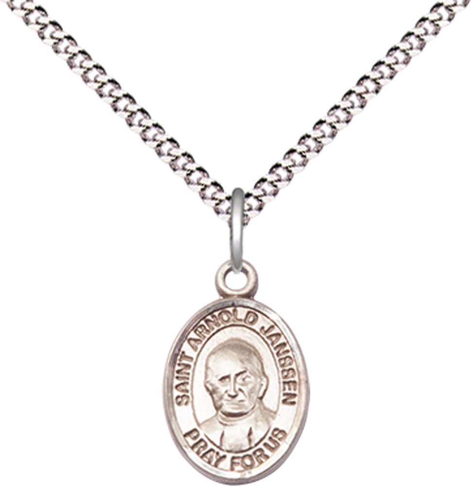 Sterling Silver Saint Arnold Janssen Pendant on a 18 inch Light Rhodium Light Curb chain