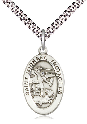 Sterling Silver Saint Michael the Archangel Pendant on a 24 inch Light Rhodium Heavy Curb chain