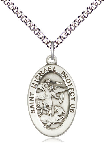 Sterling Silver Saint Michael the Archangel Pendant on a 24 inch Sterling Silver Heavy Curb chain