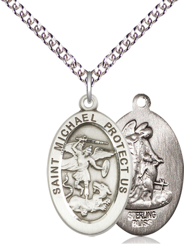 Sterling Silver Saint Michael the Archangel Pendant on a 24 inch Sterling Silver Heavy Curb chain