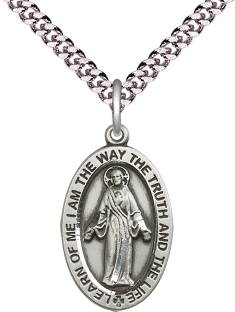 Sterling Silver Scapular Pendant on a 24 inch Light Rhodium Heavy Curb chain