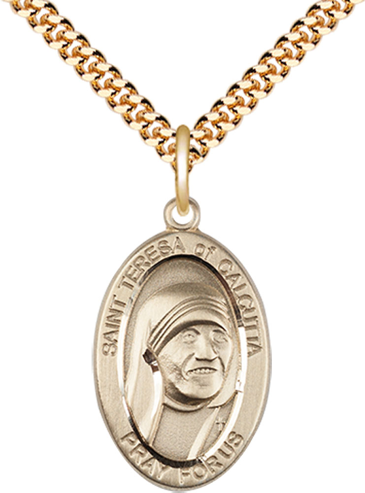 14kt Gold Filled Saint Teresa of Calcutta Pendant on a 24 inch Gold Plate Heavy Curb chain