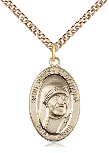 14kt Gold Filled Saint Teresa of Calcutta Pendant on a 24 inch Gold Filled Heavy Curb chain